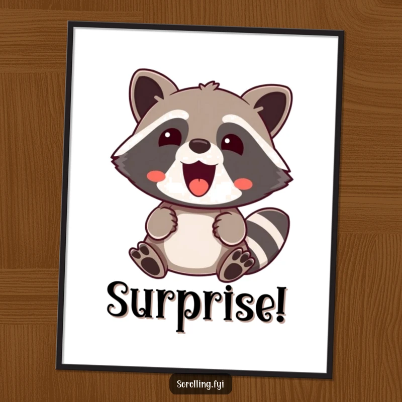 Funny Poster: A jovial raccoon’s face is a picture of pure, shocked joy and delight, making for humorous wall art.