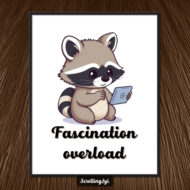 Funny poster of a curious raccoon captivated by a small screen, illustrating a humorous and screen-focused character.