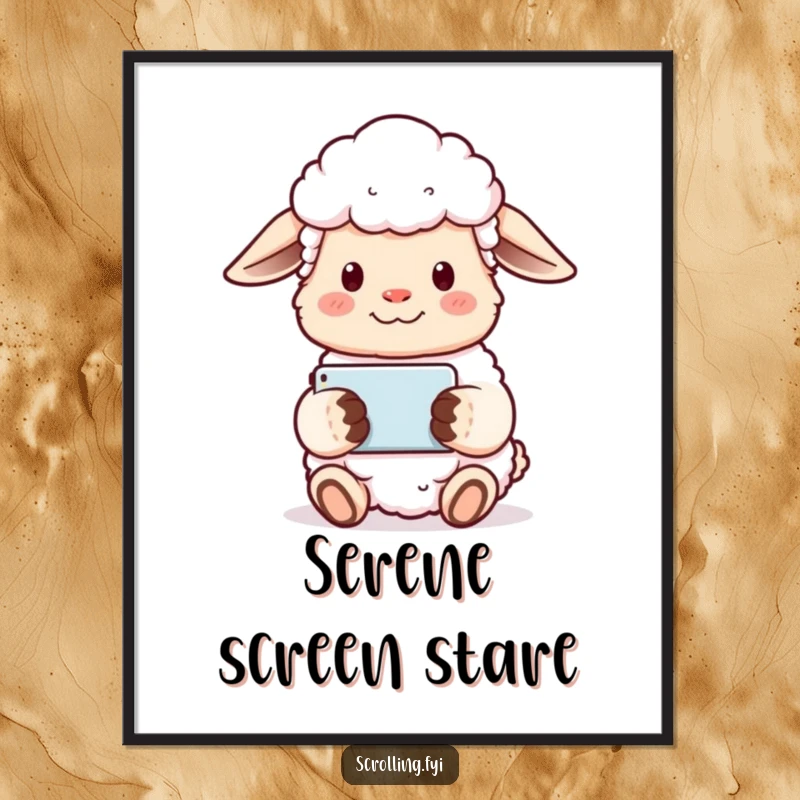 Funny sheep poster art depicting a content sheep holding a phone horizontally, watching something with a serene expression.
