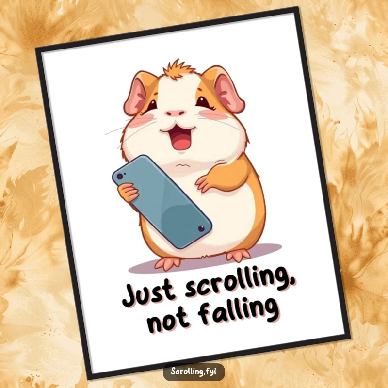 Funny giggling guinea pig holding a smartphone upside down, looking utterly amused. Perfect funny poster.
