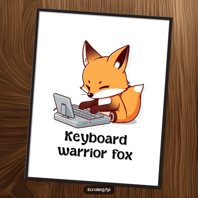Funny poster art of a determined fox meticulously typing on a virtual keyboard with intense focus, bringing work humor to decor.