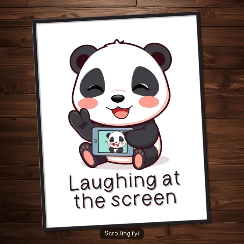 Funny poster of a giggling panda showing a humorous image on its mobile device, celebrating internet culture.
