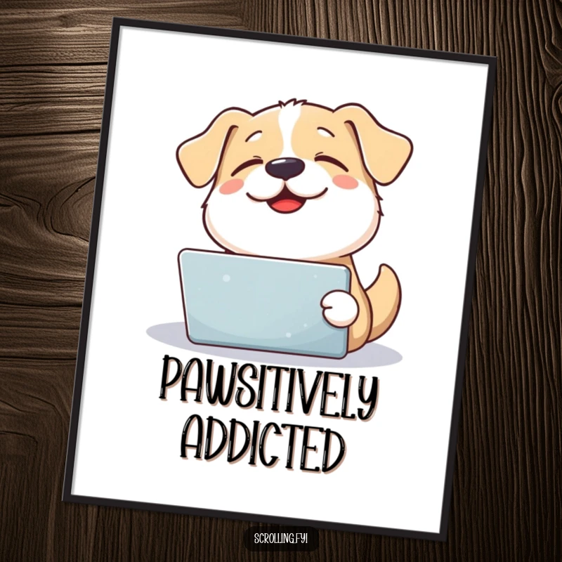 Funny contented dog looks up from a tablet with a happy sigh, vibrant poster art for pet lovers.