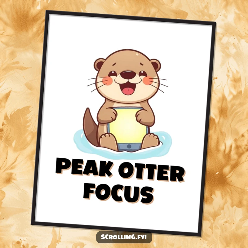 Funny poster of a smiling otter engrossed in a brightly lit app, capturing a humorous and tech-savvy character.
