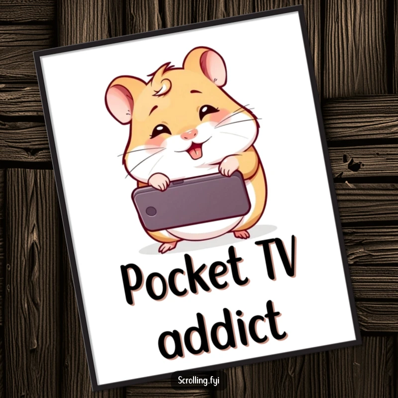 Funny Giggling Hamster Poster: A framed print of a joyful hamster glued to a smartphone, radiating infectious digital delight for wall decor.