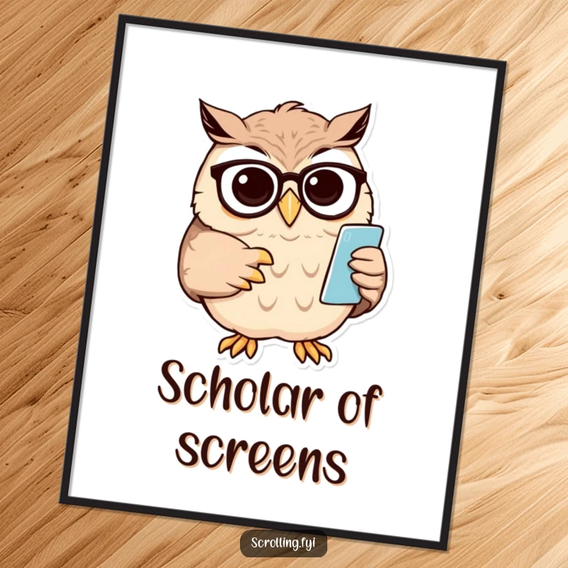 Funny owl poster art showing a wise owl squinting at a small phone screen, wearing spectacles.