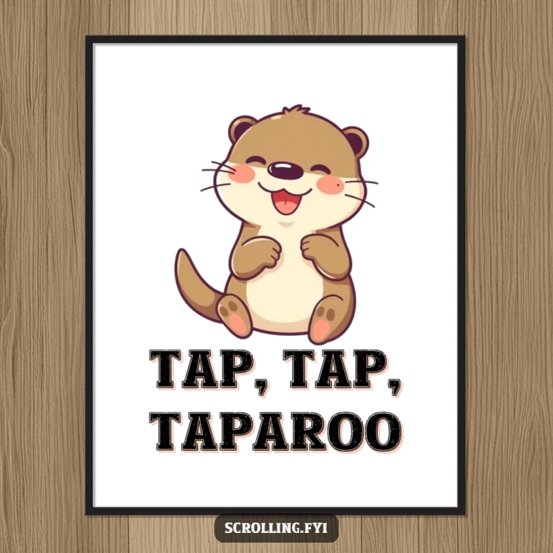 Funny otter poster, joyfully and rapidly tapping on a small screen with its paw, adding tech humor to decor.