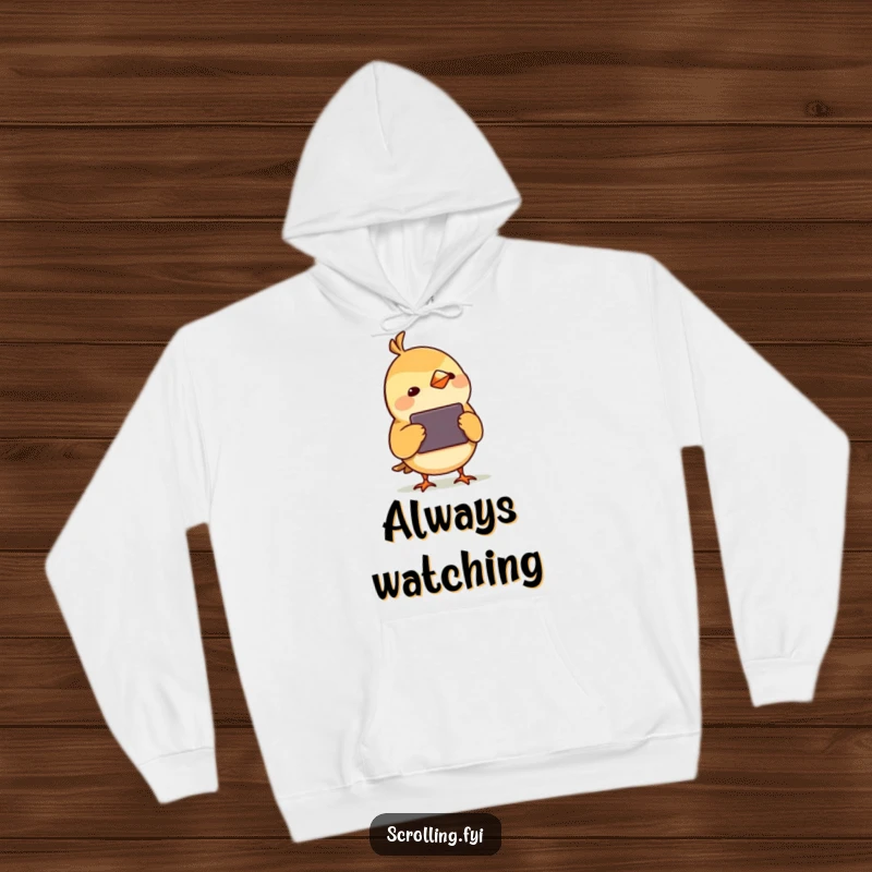 Funny Bird Watching Device Hoodie: A warm hoodie depicting a small bird with an intrigued head tilt, captivated by the allure of a screen.