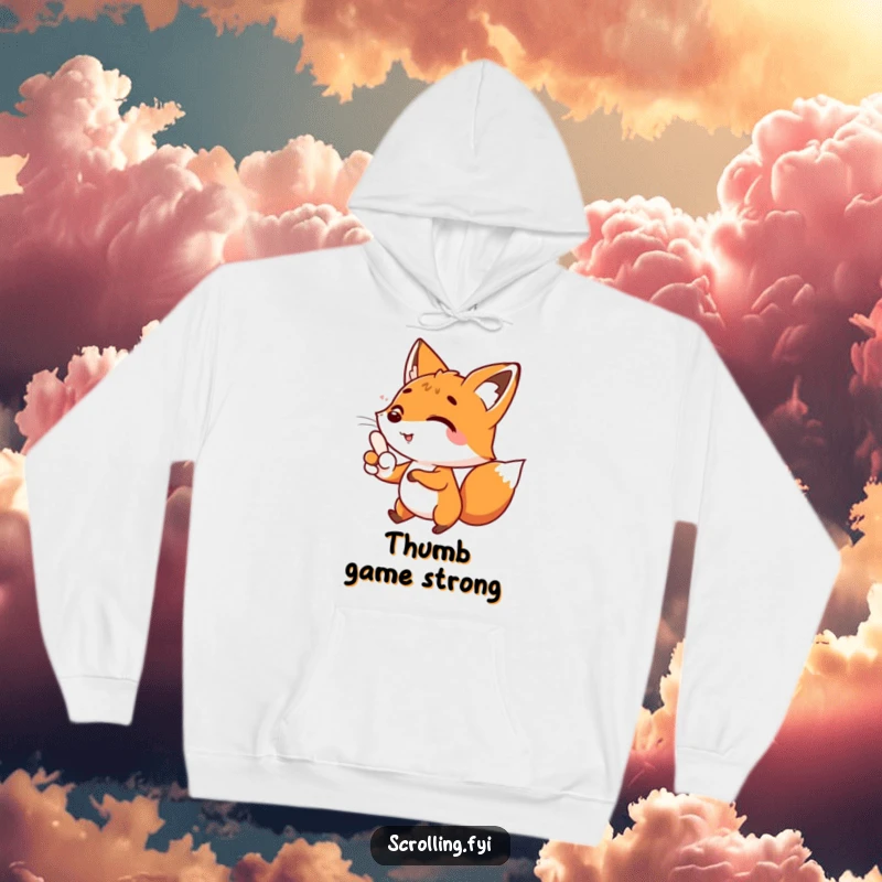 Funny cozy hoodie with a happy fox character endlessly scrolling with its thumb, a funny gift for warmth.