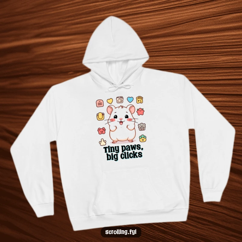 Funny hoodie showing a happy hamster clicking icons with quick motions, radiating a humorous and energetic vibe.
