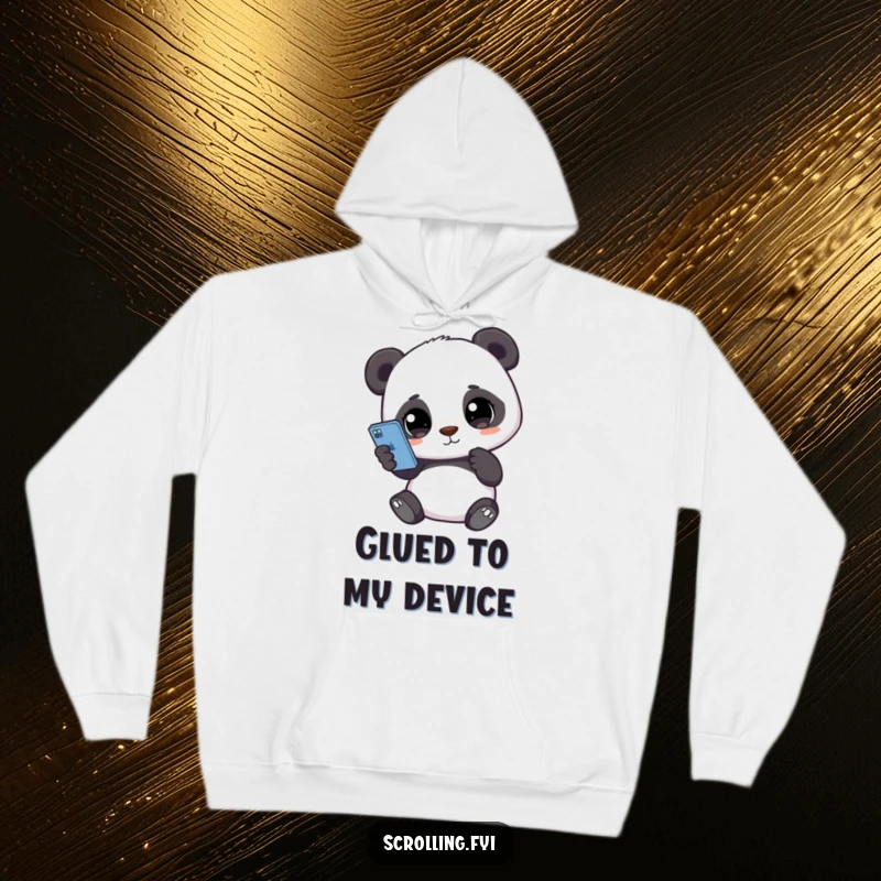 Funny hoodie with a cute panda holding a smartphone, eyes glued to the screen, perfect for cozy scrolling and tech comfort.