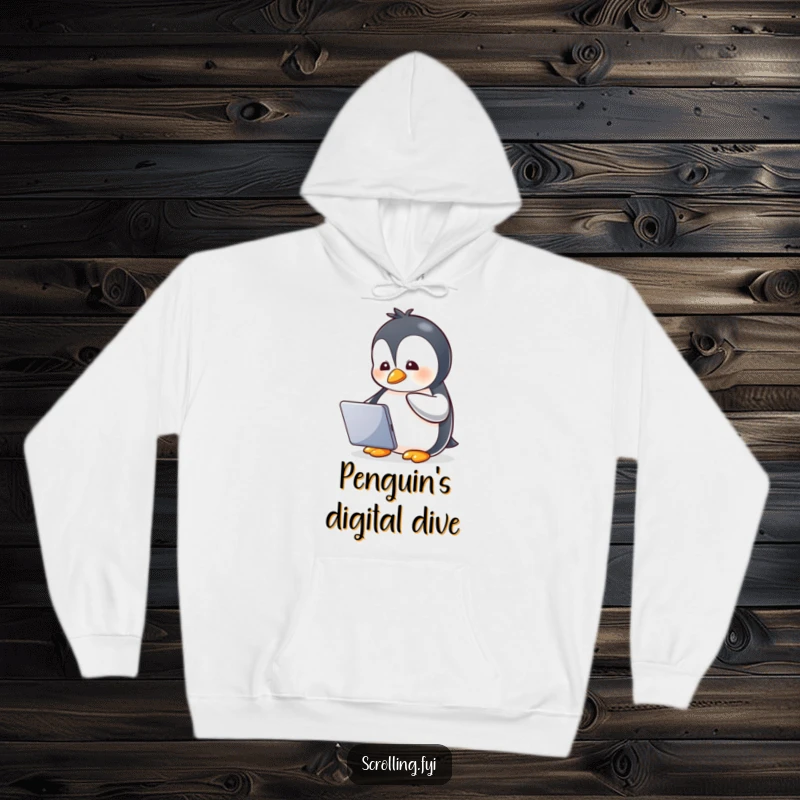 Funny hoodie showing a gleeful penguin watching a tablet with a delightful expression, radiating a humorous and cozy vibe.