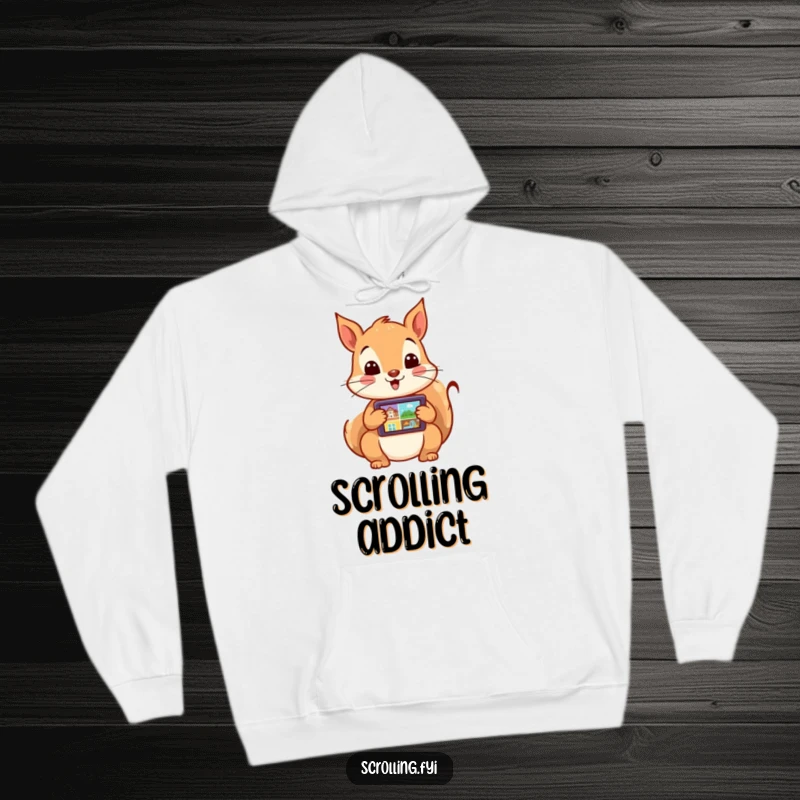 Funny hoodie featuring an extremely excited squirrel energetically swiping through images on a tablet. Warm and amusing.