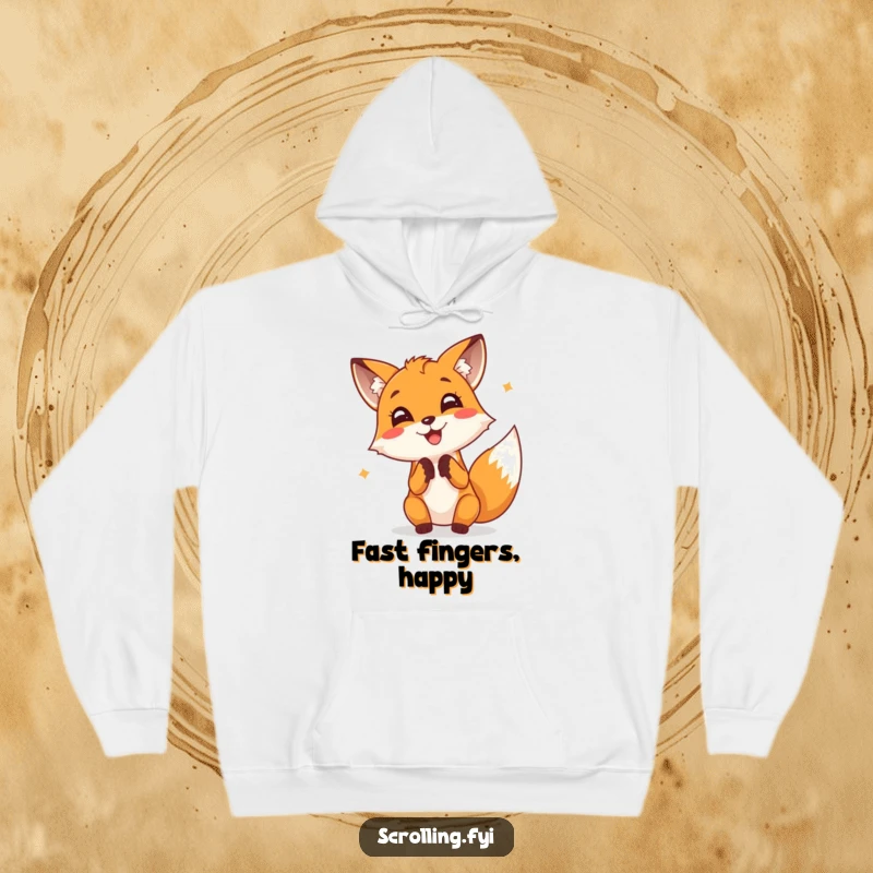 Funny Fox Hoodie: A cheerful fox happily taps furiously on a screen, symbolizing productivity and typing passion.