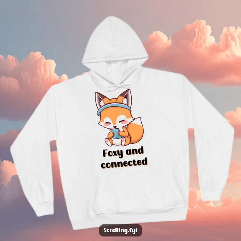 Funny hoodie depicting a gleeful fox smiling while absorbed in its mobile phone, a symbol of tech-fueled joy.