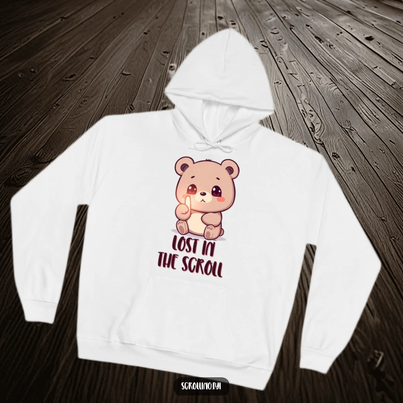 Funny hoodie featuring a small bear's face absorbed in a glowing phone screen, illustrating humorous screen time addiction.