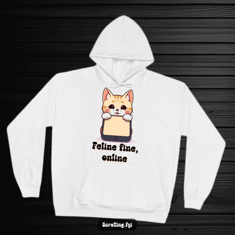 Funny cat hoodie showing a cute cat peering over a huge smartphone screen, ideal for cozy tech enthusiasts.