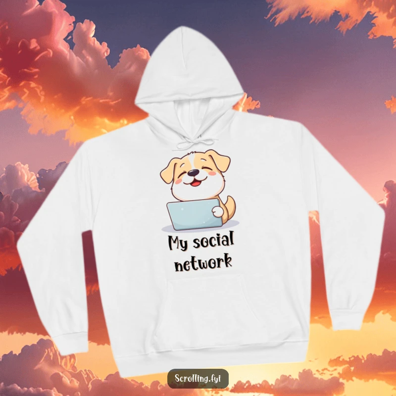 Funny, happy dog looks up from a tablet with a contented sigh, cozy hoodie for pet fans.
