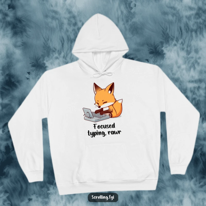 Funny hoodie illustration of a determined fox meticulously typing on a virtual keyboard with unwavering focus, symbolizing productivity.