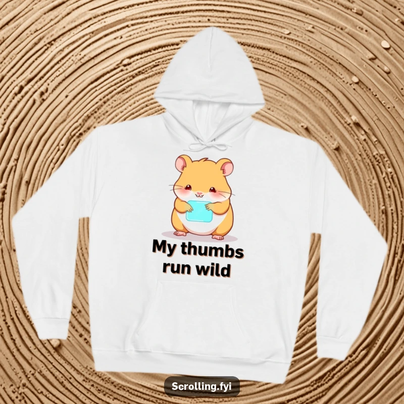 Funny hamster hoodie, happily tapping on a bright screen, depicting a tech-savvy rodent.