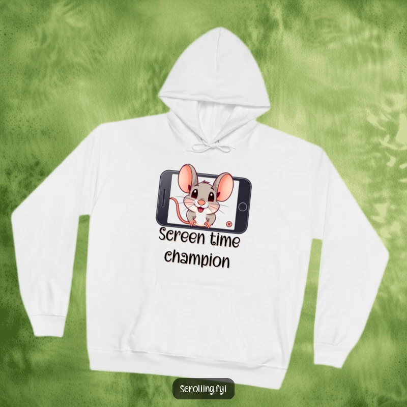 Funny playful mouse with an intense zoom on a smartphone screen. Excellent funny hoodie.