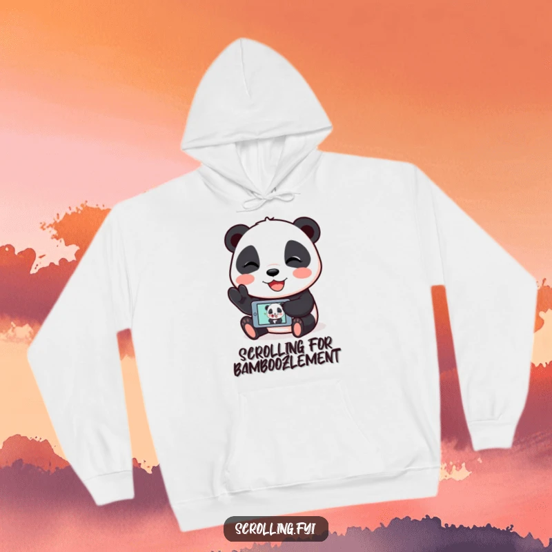 Funny hoodie with a giggling panda showing a funny image on its mobile device, perfect for cozy meme sharing.