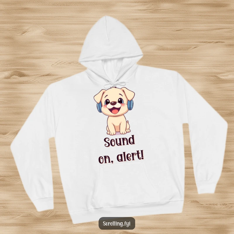Funny hoodie with a joyful puppy in miniature headphones, reacting with shock to a mobile phone notification.