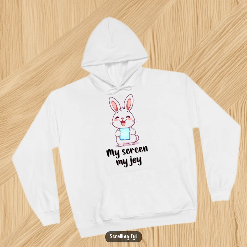 Funny Rabbit Hoodie: A delighted rabbit holds a glowing mobile phone, showcasing joy and modern tech connection.