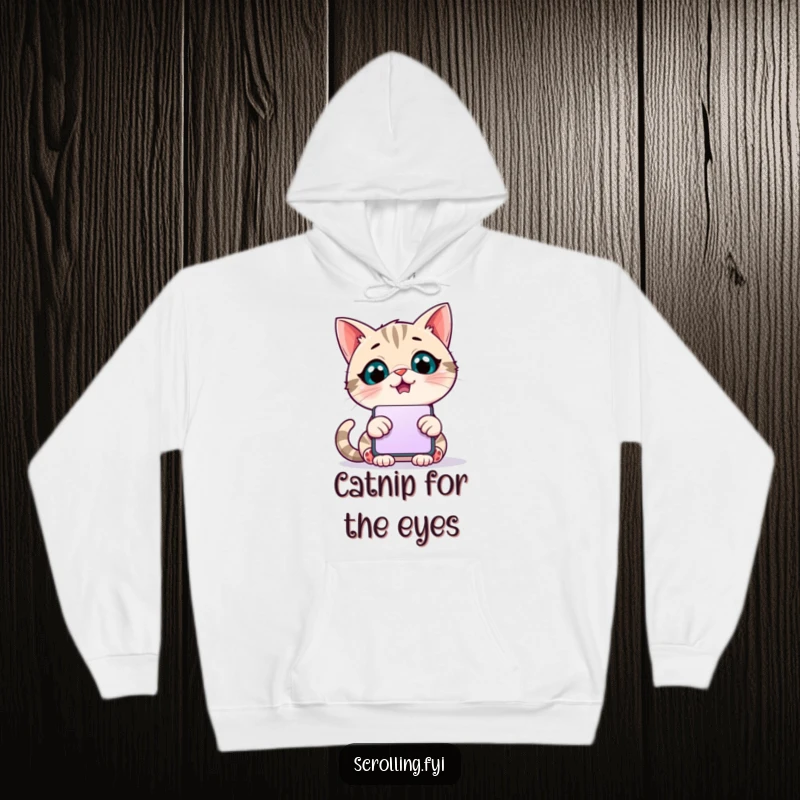 Funny hoodie featuring a giggling cat with wide eyes, absorbed by a giant scrolling phone screen.