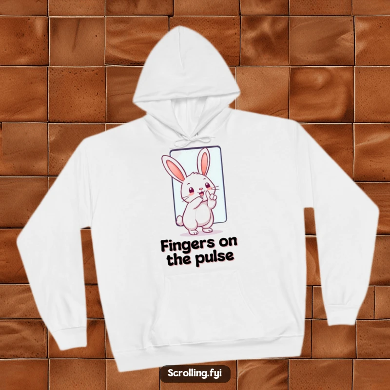 Funny Hoodie: A happy rabbit gleefully using its finger to swipe on a gigantic touchscreen, ideal for tech enthusiasts and humor lovers.