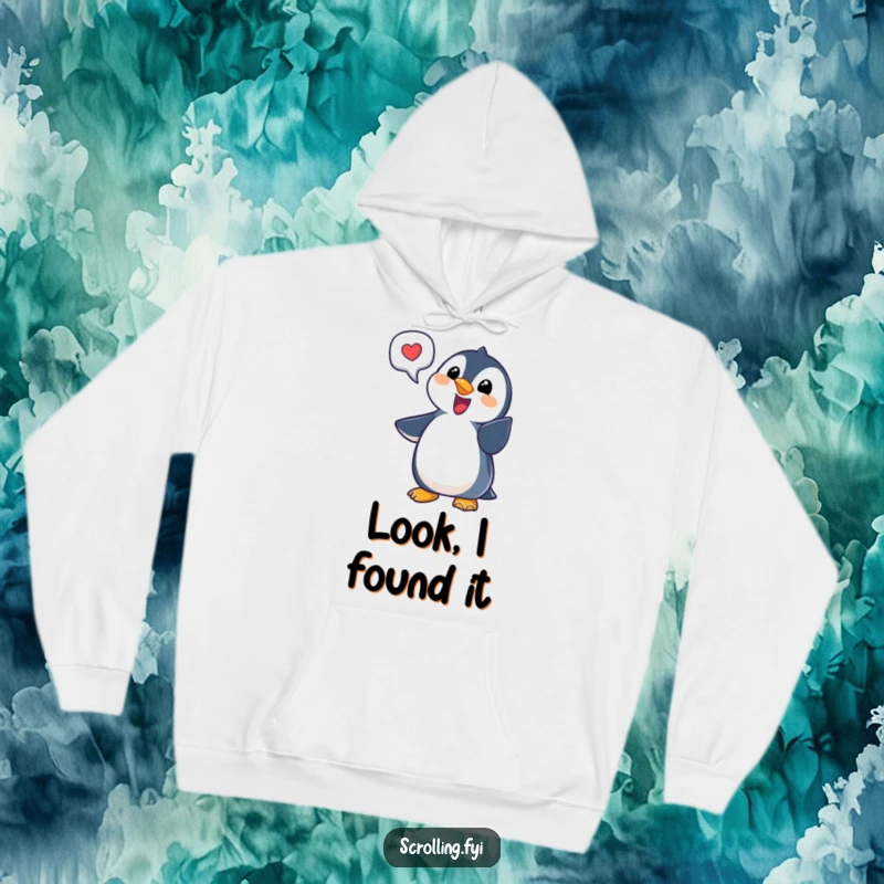 Funny penguin notification hoodie shows a delighted penguin pointing at a bubble, perfect for techies and as a funny gift.
