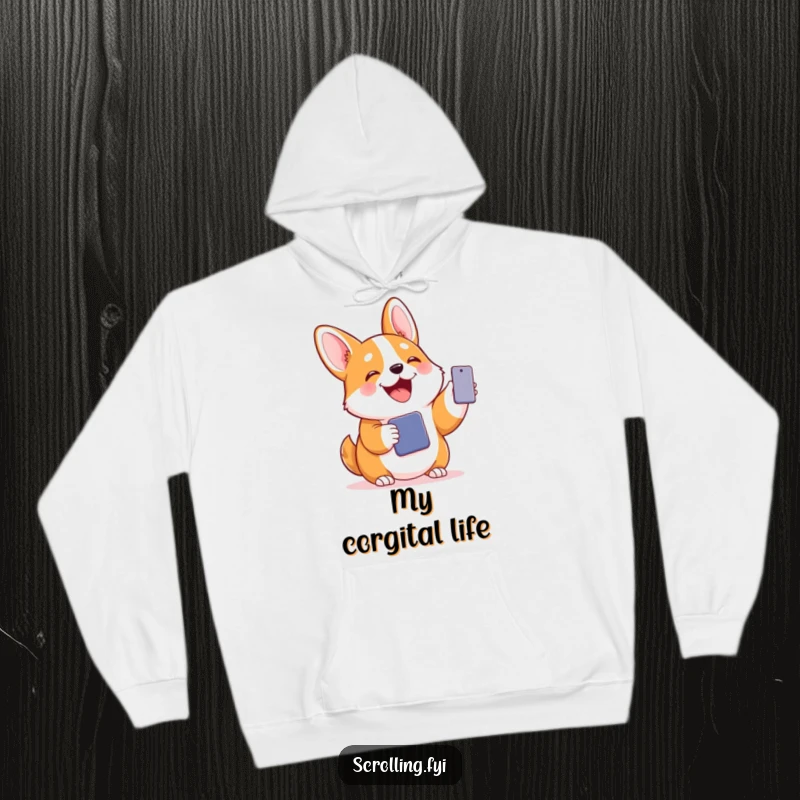 Funny hoodie showing a joyful corgi holding a phone with a delighted expression, radiating a humorous and cozy vibe.