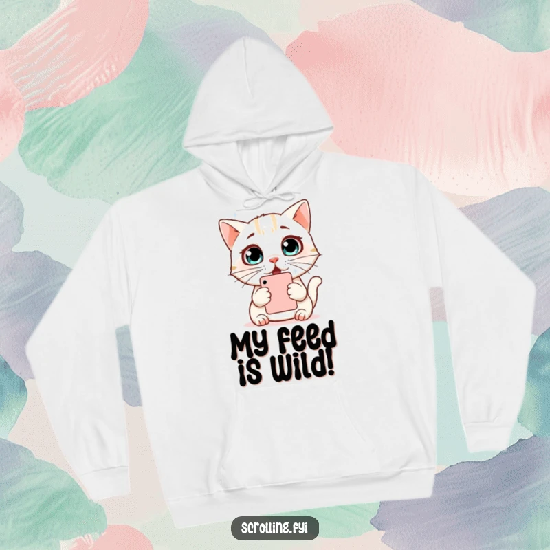 Funny Cat Hoodie: Comfortable hoodie with a surprised cat looking at a phone screen, expressing shock and amusement, great gift.
