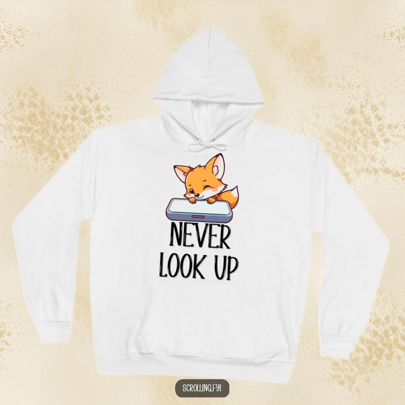 Funny hoodie depicting a captive fox staring intently at a luminous smartphone screen, symbolizing digital connectivity.