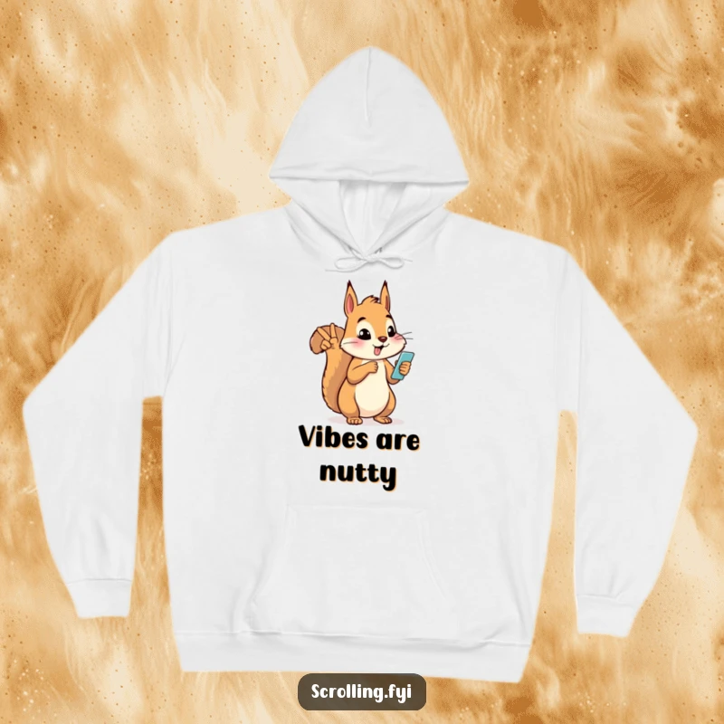 Funny silly squirrel giving a peace sign while looking at a phone, featured on a comfortable and humorous hoodie.