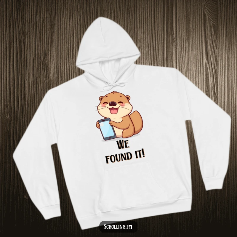 Funny hoodie depicting a cheerful otter enthusiastically showing its phone screen to a smiling friend, emphasizing connection.
