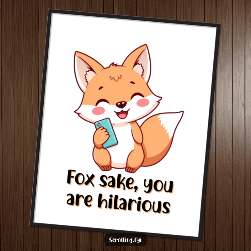 Funny Free Printable Wall Art: A Happy Fox Grinning While Holding a Smartphone, Ready to Post an Update, Downloadable Decor.
