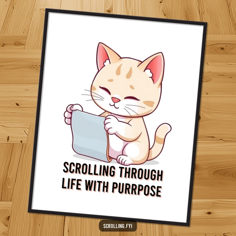 Funny free printable wall art: A cat intently scrolling on a device, paw outstretched, capturing modern feline obsession.