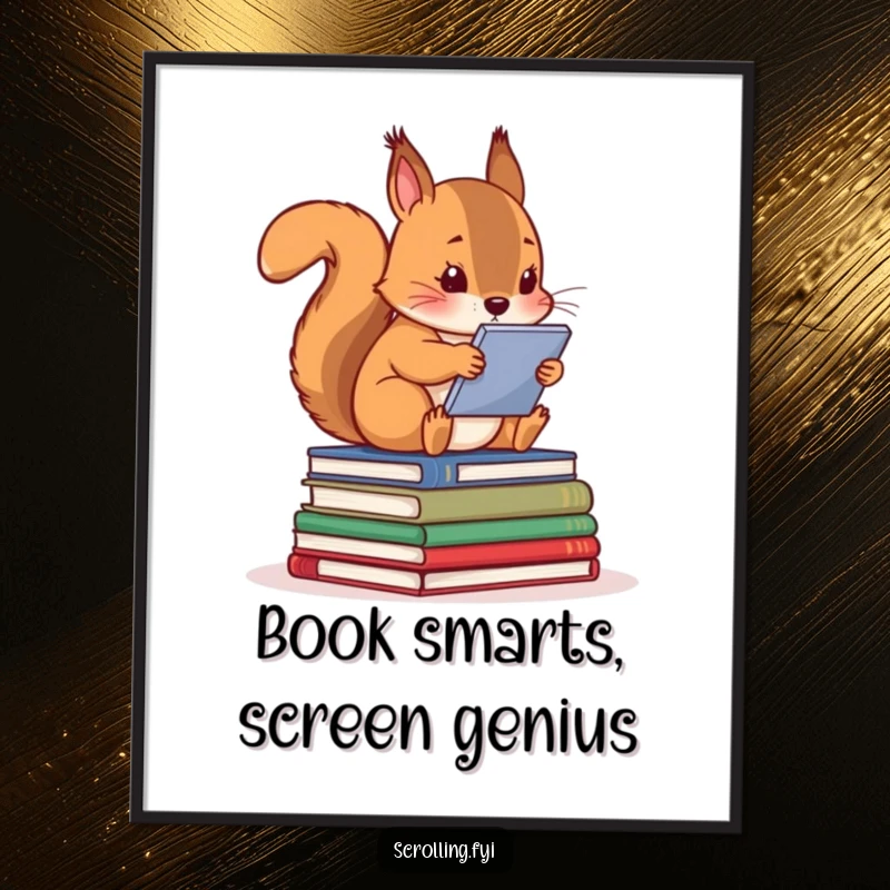Funny Free Printable Wall Art: Curious squirrel on books, absorbed by a screen, perfect for humorous home decor, downloadable art.