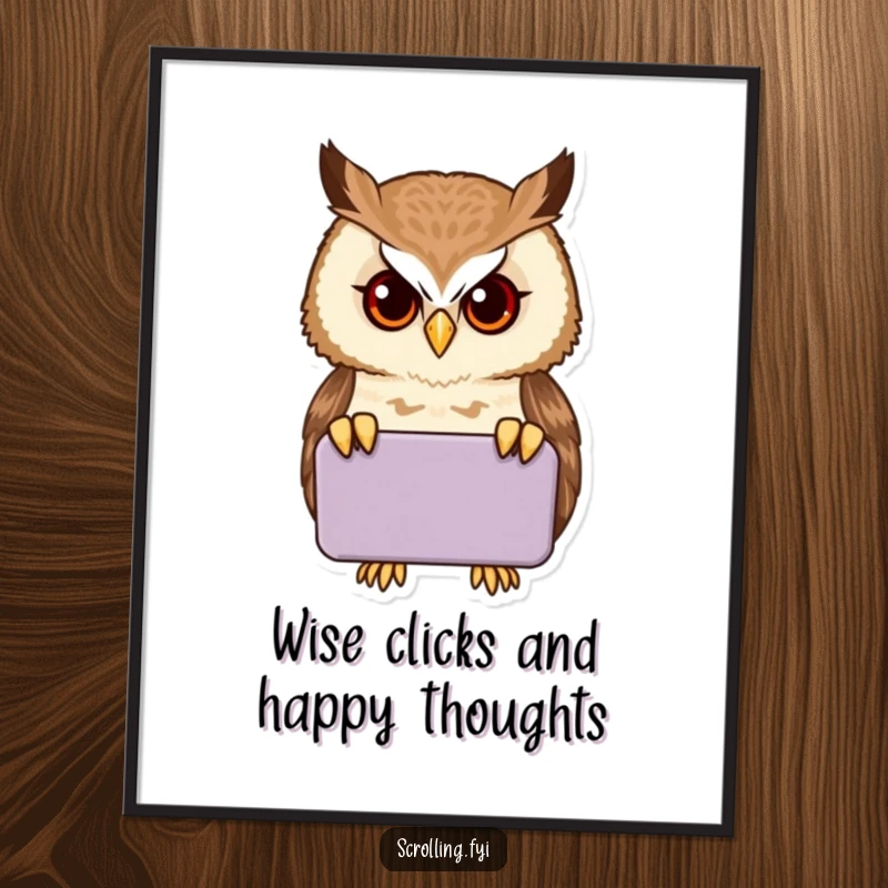 Funny Free Printable Wall Art: A proud owl intently peers into a handheld device, showcasing digital engagement with a smart look.