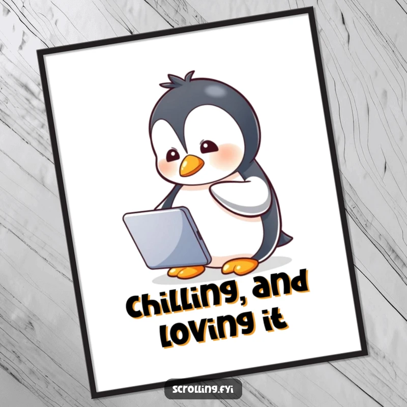 Funny Free Printable Penguin Wall Art: Little penguin watches a tablet screen with glee, cute digital art.