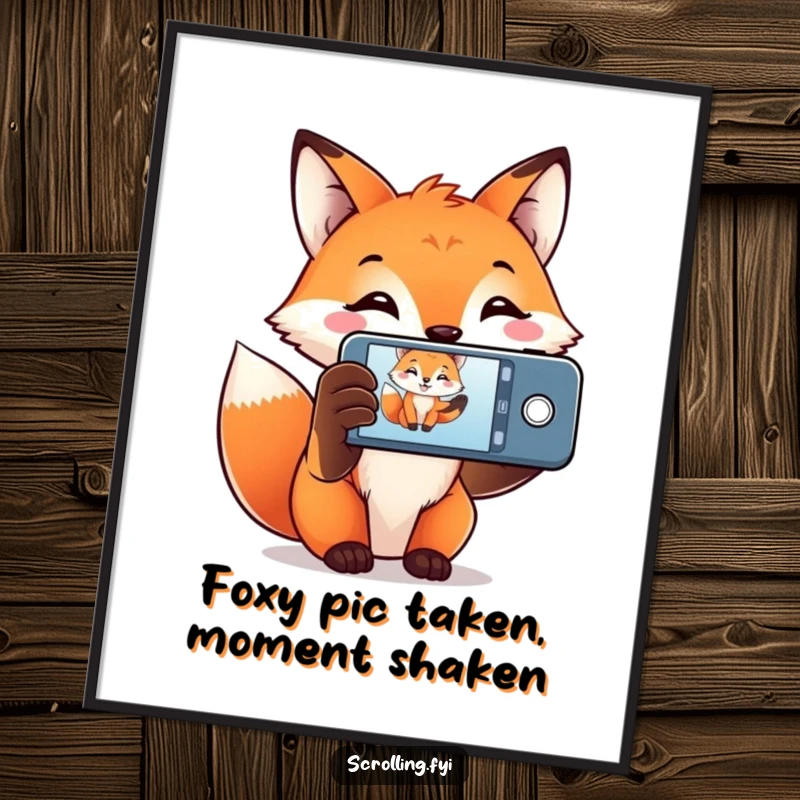 Funny Free Printable Wall Art: A smiling fox holding a phone aloft, capturing an unseen moment, a unique piece of digital art.