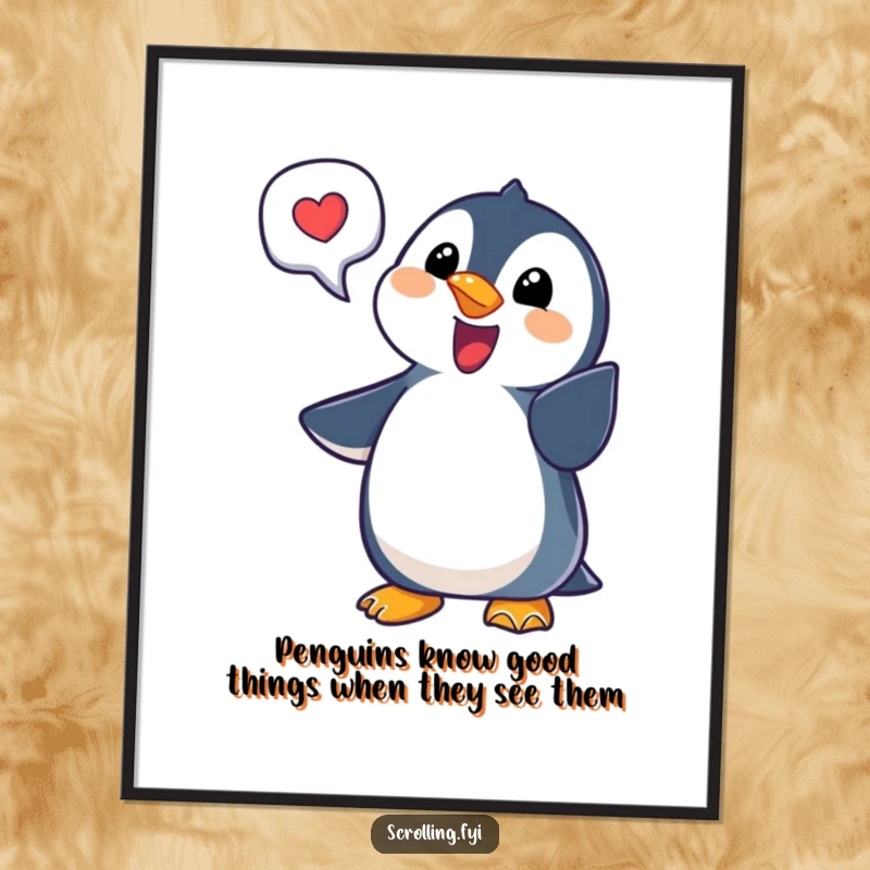 Funny Free Printable Wall Art: Delighted penguin points at a notification bubble, adding quirky charm.