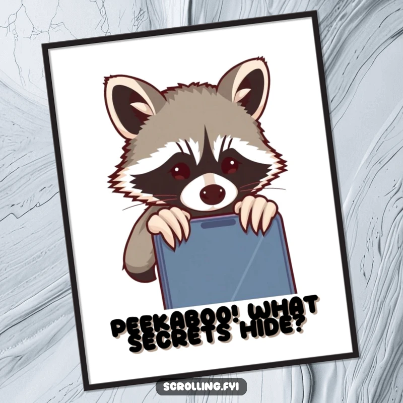 Funny free printable wall art: A mischievous raccoon peeking curiously over a shoulder at a phone.