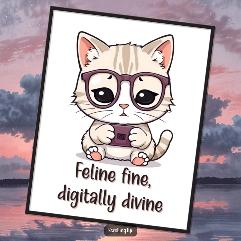 Funny Free Printable Wall Art: A playful cat wearing glasses, glued to a tiny electronic device, looking intelligent and humorous.