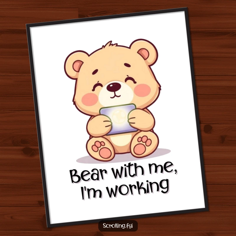 Funny Free Printable Wall Art: Playful Bear Cub Engrossed in a Brightly Lit Screen, Tech Humor, Downloadable Decor.