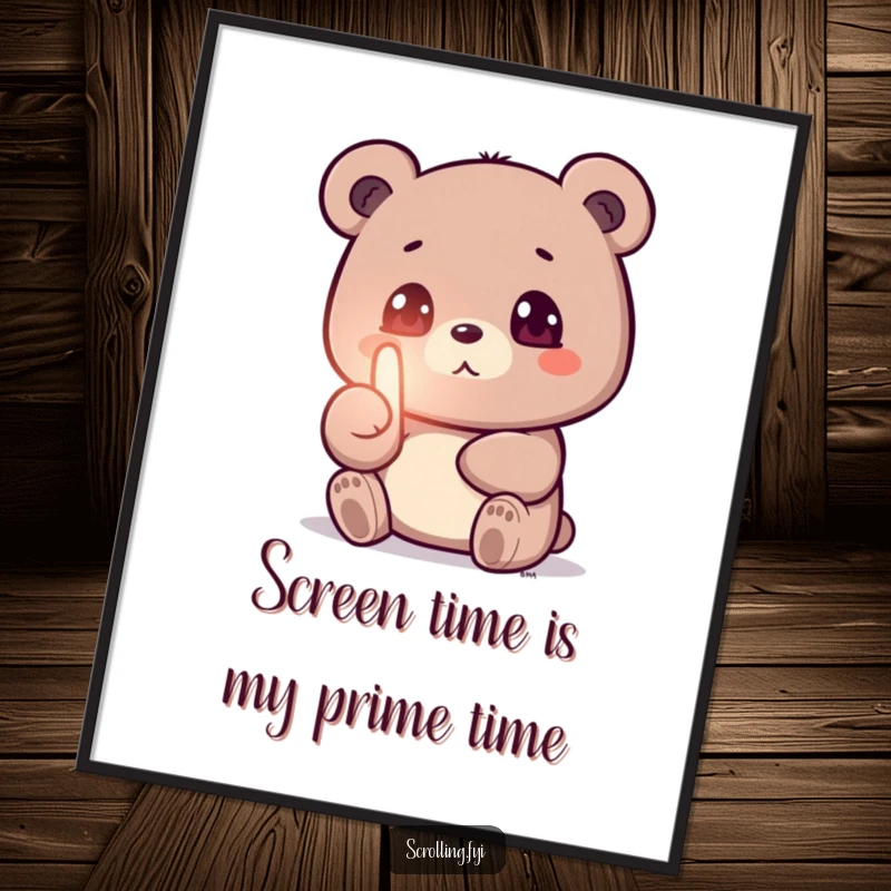 Funny Free Printable Wall Art: A bear completely absorbed by its glowing phone screen, thumb swiping rapidly, in a humorous pose.