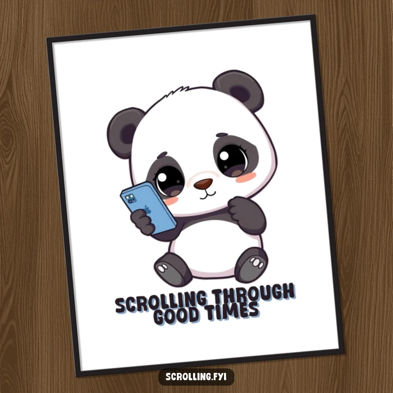 Funny Free Printable Wall Art depicting a cute panda holding a smartphone, eyes intently glued to the screen, in a humorous pose.