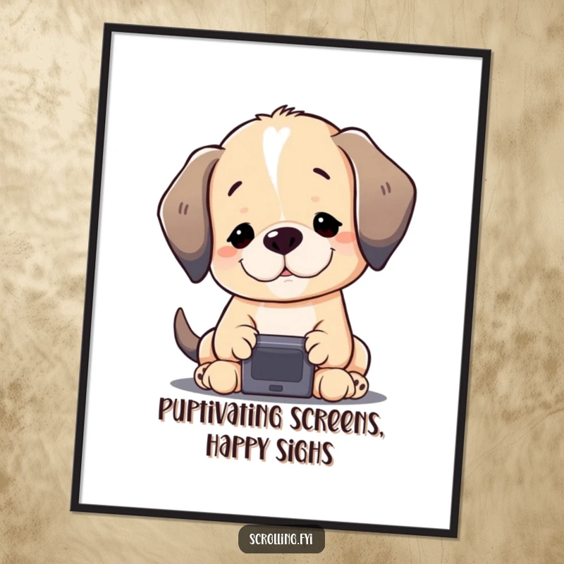 Funny Free Printable Wall Art: A contented puppy is glued to a small screen, creating a humorous and relatable piece of decor.