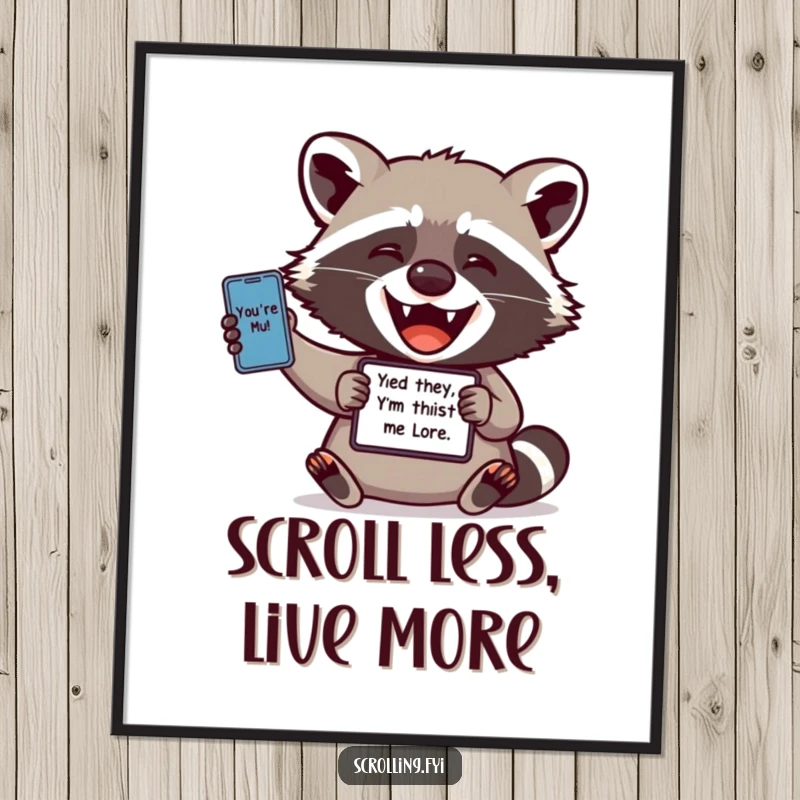 Funny Free Printable Wall Art: A very happy raccoon is engrossed in sharing a funny internet meme on its device.